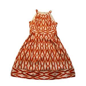 C&B Established 1962 Orange & White Ikat Halter Dress Women's Size 8 Pleated Poc